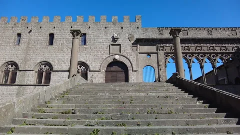 Pull back from the entrance and loggia of the Papal Palace in Viterbo Stock Footage 152896830