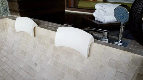 Pull back reveal of spa room empty pool ... | Stock Video | Pond5