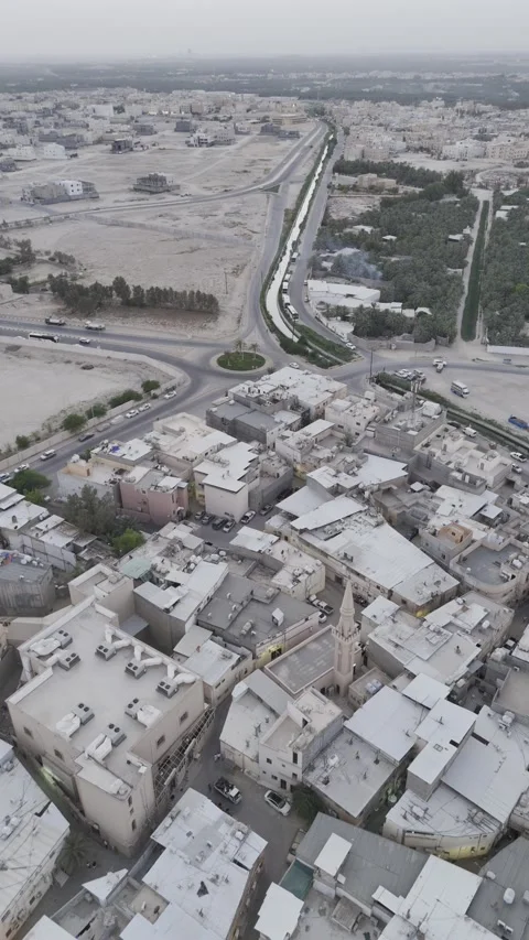 Pull-Back Reveal of Traditional Homes and Al Ahsa Palm Oasis Stock Footage 341794821