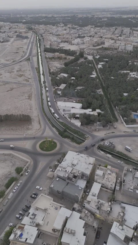 Pull-Back Reveal of Traditional Homes and Al Ahsa Palm Oasis Stock Footage 341856382