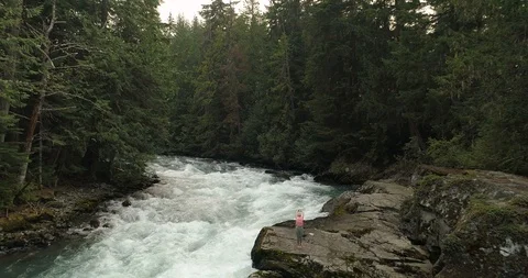 Pull Back Reveal Of A Woman Doing Yoga On A Rock Beside A River Stockbeeldmateriaal 101087108