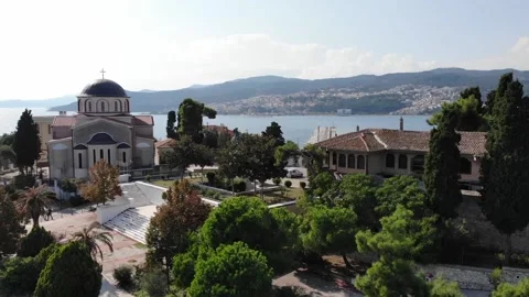 Pull back shot of church in Kavala, Greece Stock Footage 143965808