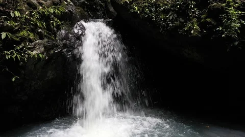 Pull back shot of small waterfall and pond in dense tropical forest, 4k Stock Footage 122546434