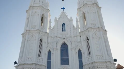 Pull Back Shot of Velankanni Basilica Spires to Crowd at Entrance Stock Footage 340036168