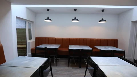 Pull Back Slowly In Empty Bistro Cafeteria Dining Hall Stock Footage 143763502