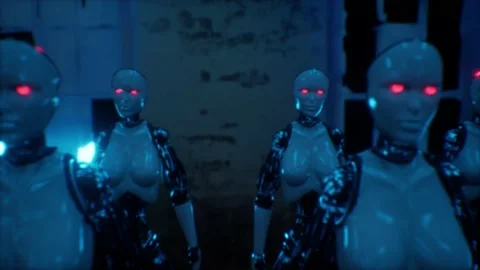A Pull back through colony of robots with blinking red lights Stock Footage 155300470