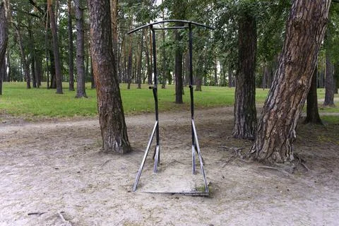 Pull-up bar station in the woods 스톡 사진