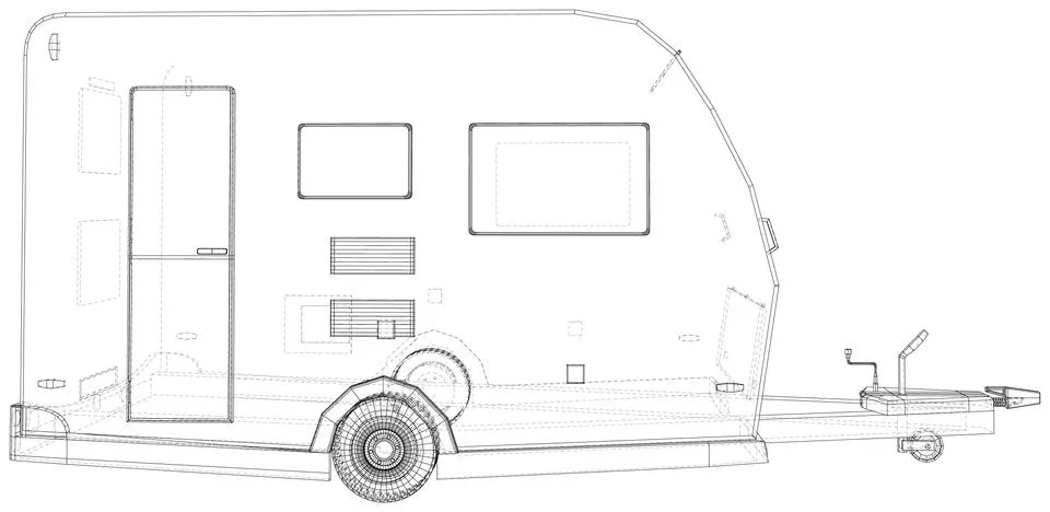 Pull behind camper. Wire-frame. Vector Illustration of Trailer. The layers of Illustrazione stock