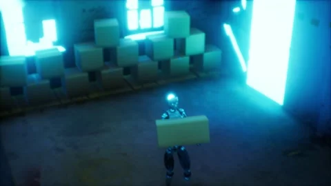 A Pull down to robot carrying box in warehouse Stock Footage 155300319