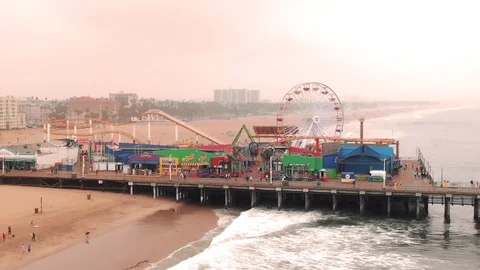 Pull in Drone Shot of Santa Monica Pier and Beach On an Overcast Day Stock Footage 127805290