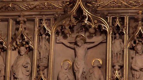 Pull Focus Blur of Marble Jesus Sculpture on Altar in Church Stock-Footage 49662826