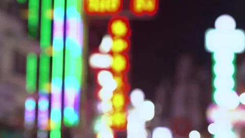 Pull Focus Shot of Neon Signs in Chinatown Bangkok, Thailand Stock Footage 311789626