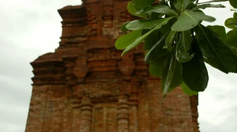 Pull focus from tree branch to Thap Poshanu Cham Tower Ancient temple Stock Footage 11409895