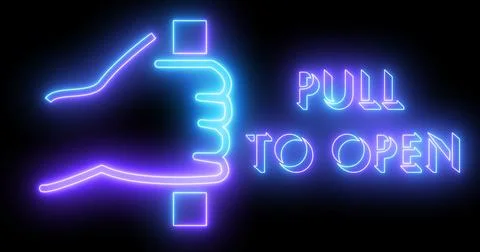 Pull to open sign and text animation in high resolution. Neon-colored text .. Stock Illustration