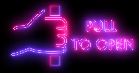 Pull to open sign and text animation in high resolution. Neon-colored text .. Stock Illustration