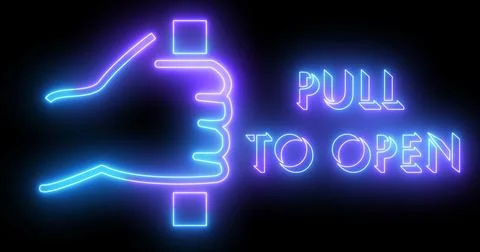 Pull to open sign and text animation in high resolution. Neon-colored text .. Stock Illustration