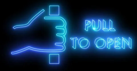 Pull to open sign and text animation in high resolution. Neon-colored text .. Stock Illustration