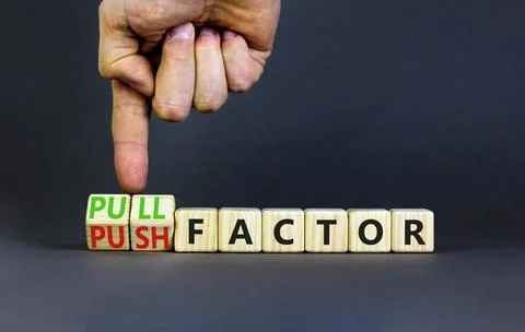 Pull or push factor symbol. Concept word Pull factor and Push factor on woo.. Stock Photos