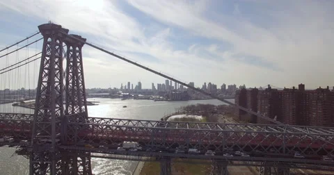 Pull Out Aerial of New York City Rush Hour Traffic on Williamsburg Bridge Stock Footage 68997687