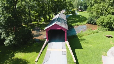 Pull Out from Close Up of Covered Bridge Aerial Shot 스톡 동영상 112768269