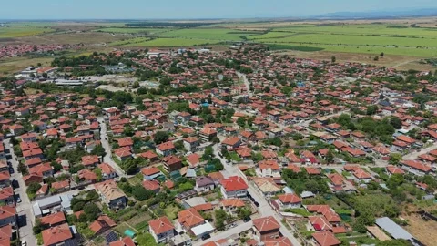 Pull out drone shot of Chirpan Bulgaria residential area Stockbeeldmateriaal 345172695