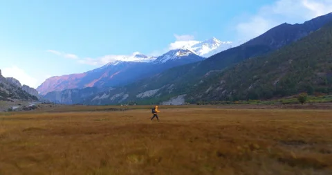 Pull out Drone shot of male hiker trekking along valley trail in Annapurna Stock Footage 341438200