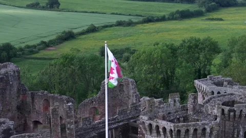 Pull out drone shot of Welsh flag over castle ruins in Wales, Raglan 動画素材 277393285