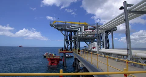 Pull-Out Shot of Marine Unloading Platform and Pier Pipelines Stock Footage 346137884