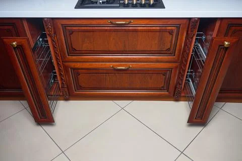 Pull out spice rack cabinet filler pantry. Two vertical spices drawers shelf Foto stock