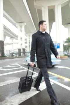 Pull rod box Daytime Road Alone The Blue Man of the Year suitcase a man Stock Photos