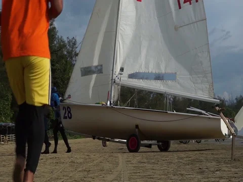 Pull yacht to shore Stock Footage 124830214