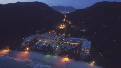 Pullback Aerial Shot of Beach Hotel Near Patong in Phuket, Thailand Stock Footage 66360911