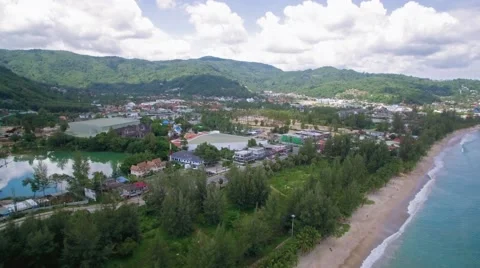Pullback Aerial Shot of Kamala Town and Beach in Phuket Thailand Video stock 65443894
