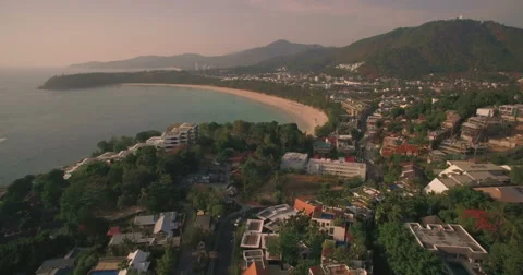Pullback Aerial Shot Over Kata Beach Headland in Phuket Thailand Stock Footage 63091578