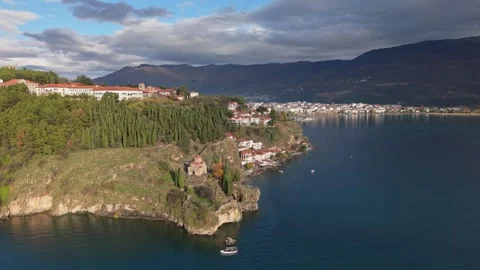 Pullback Drone Reveal of Ohrid Varosh with Samuel’s Fortress, Kaneo and Stock Footage 332047247
