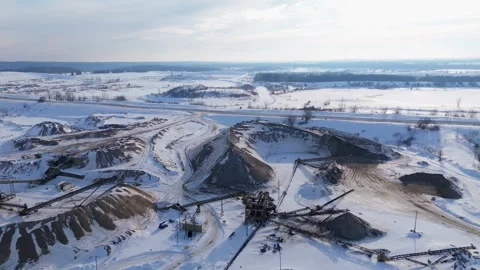 Pullback Drone Shot Of Heavy Machinery At A Operational Gravel Pit Quarry Mine Stock Footage 332103260