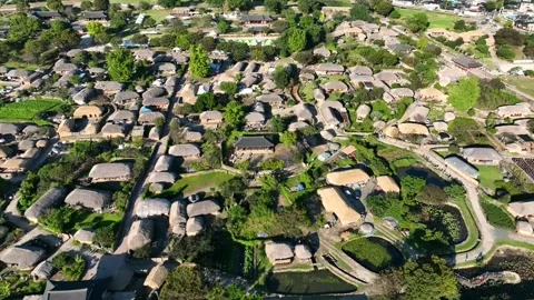 Pullback drone shot over traditional village with thatched homes Stock Footage 313171658