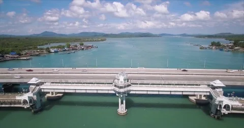 Pullback Reveal Shot Of Sarasin And Thepkasattri Bridges, Linking Phuket And Stock Footage 79085187
