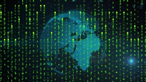 Pullback revealing globe rotating with binary rain and icons forming, showing Stock Footage 332577458