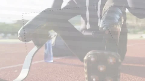 Pullback revealing runner adjusting blades, donning buds, dashed overlay marking Stock-Footage 333609988