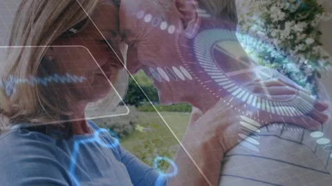 Pullback revealing tech HUD overlay, senior woman and man leaning foreheads, Stock Footage 333063320