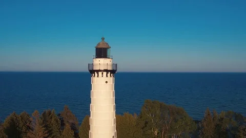 Pullback Shot Cana Island Lighthouse Door County Wisconsin Aerial Sunset Stock Footage 71325316