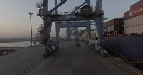 Pullback shot of cargo uploading pillar Jawaharlal Nehru Port Trust, Navi Mumbai Stock Footage 93181778