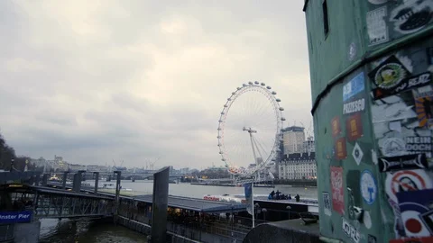 Pullback Shot of London Eye In A Cloudy Day Stock Footage 119987860