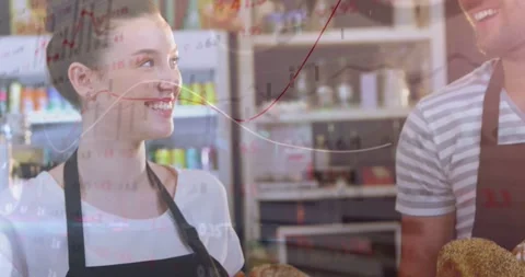 Pullback showing bakery staff holding pastries, basket, animated charts Video stock 333963235