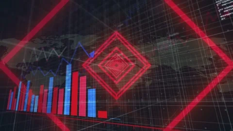 Pullback starting, pulsing red diamond, bars rising, line climbing, showing Video stock 335281712