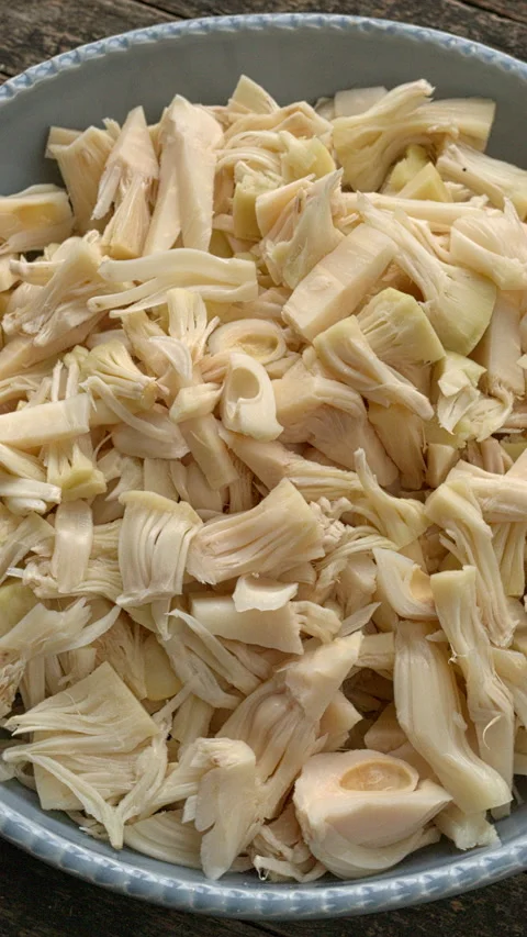 Pulled, canned jackfruit in bowl. Vertical video. Stock Footage 299928299