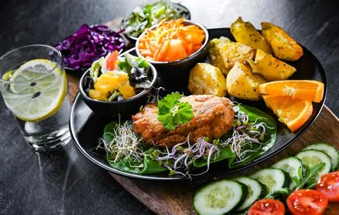 Pulled chicken cutlet coated with breadcrumbs with potatoes and vegetable sal 写真素材