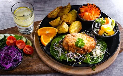 Pulled chicken cutlet coated with breadcrumbs with potatoes and vegetable sal 写真素材