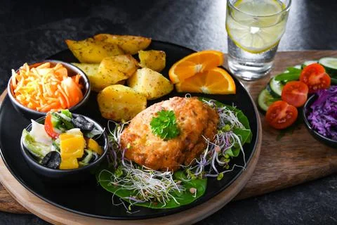 Pulled chicken cutlet coated with breadcrumbs with potatoes and vegetable ... 写真素材